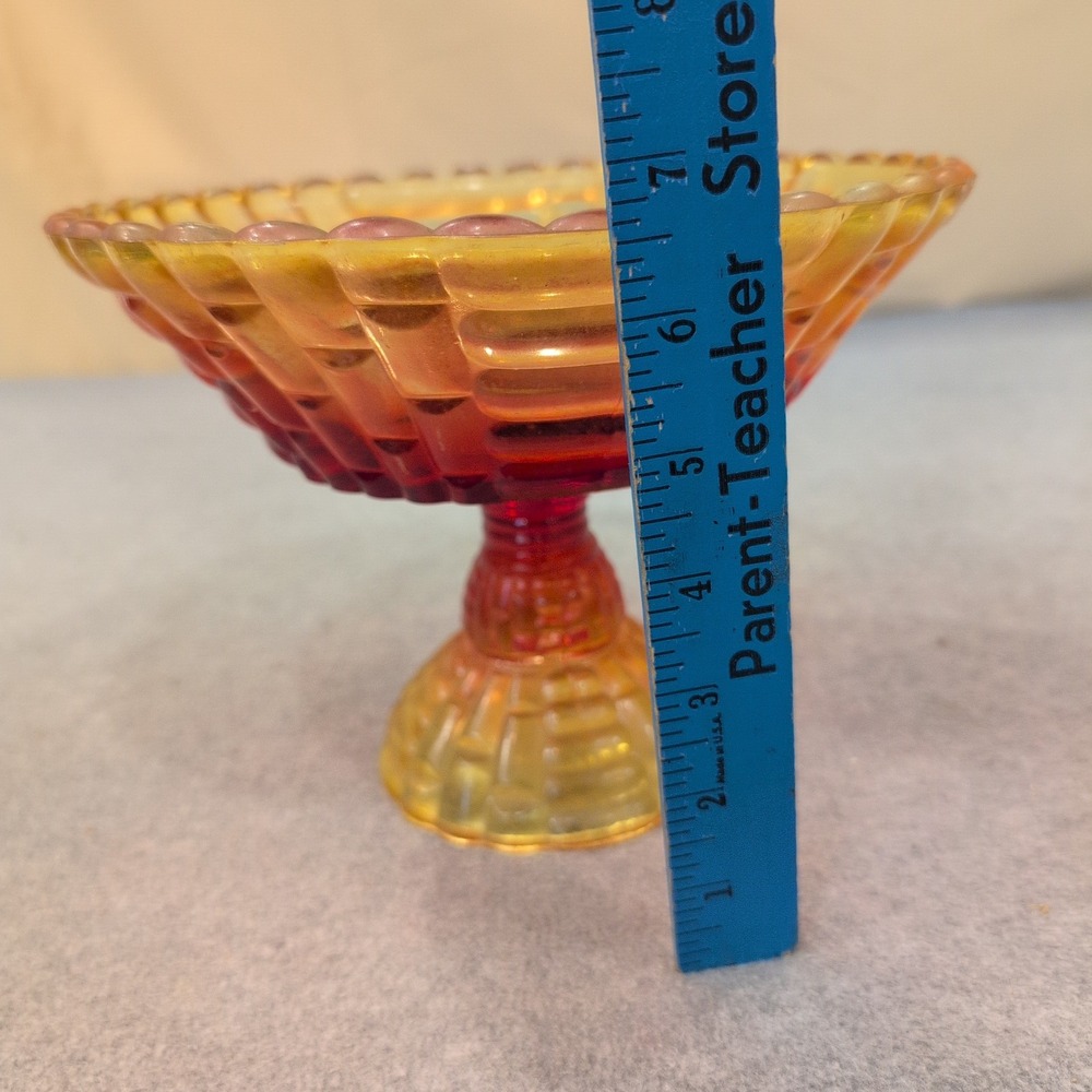Vintage Amberina Glass Basketweave Compote Footed Candy Dish Red Yellow Scallop - Picture 5 of 7